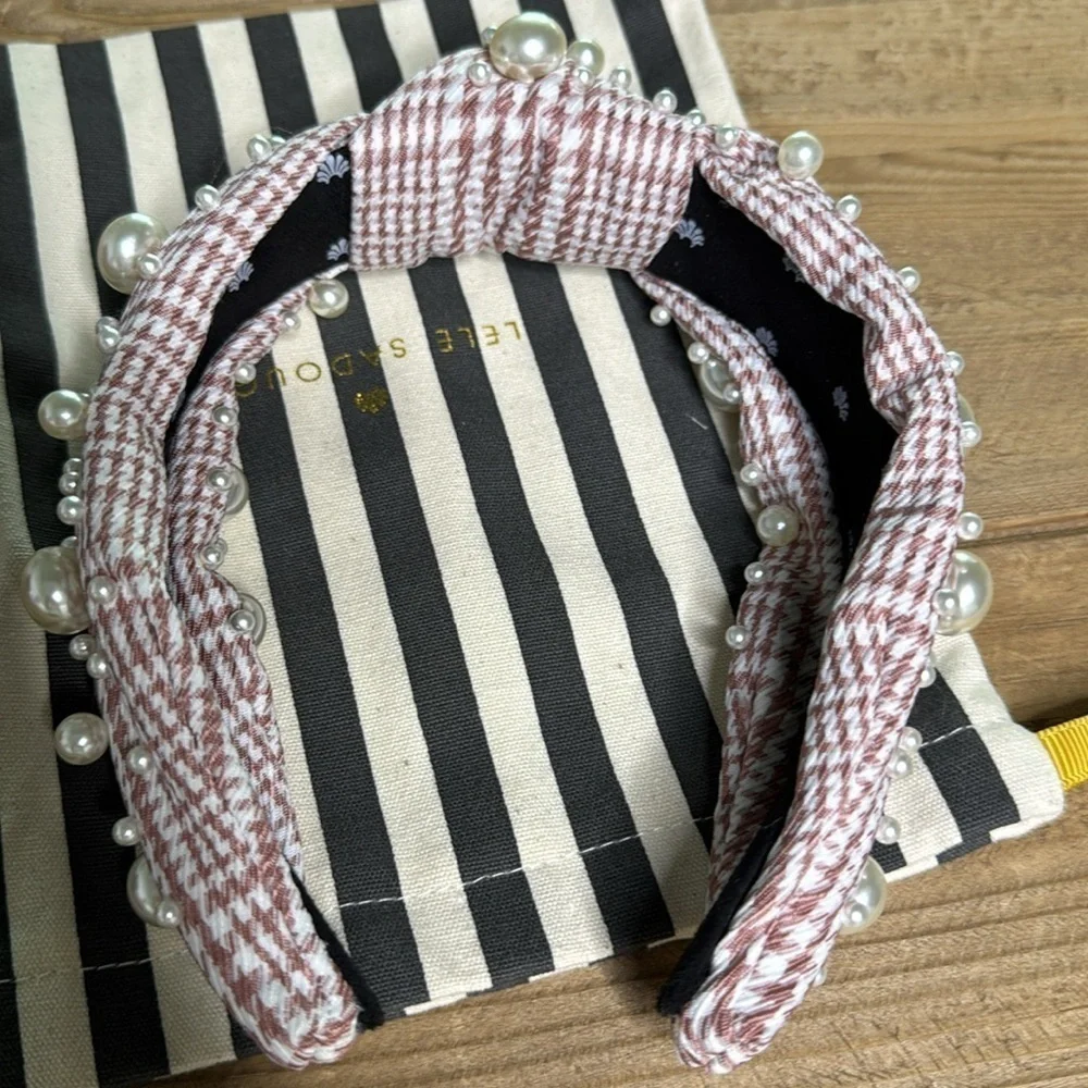 Lele Sadoughi Headband Pink and White Houndstooth w mixed pearl colored beads